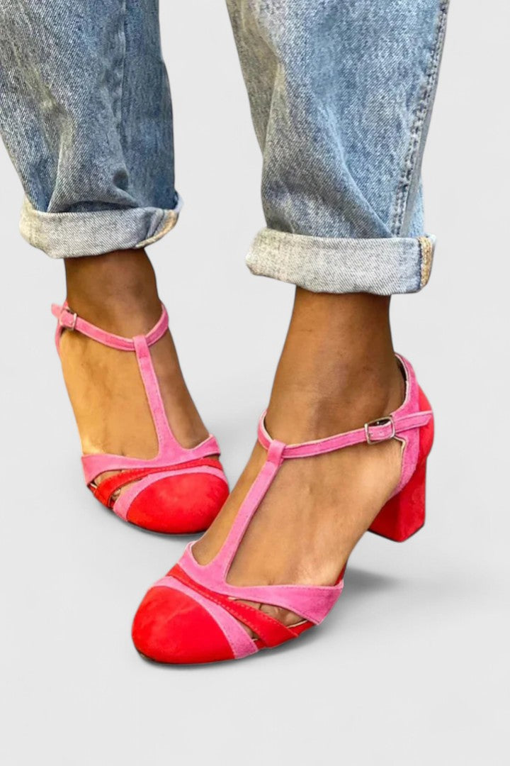 Women's Heels | T-Strap Chunky Heel Closed Toe Buckle