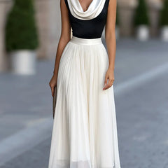 Women's Formal Wedding Guest Dress | Midi Cowl Neck Sleeveless Pleated