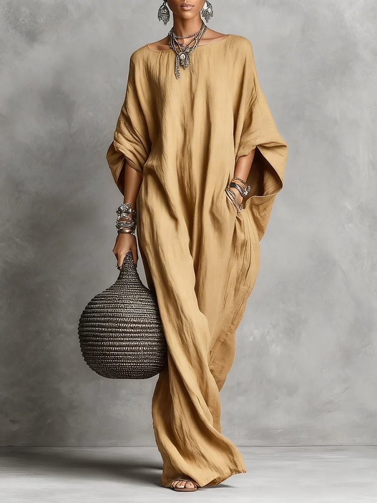 Women's Long Dress | Relaxed Silhouette Batwing Sleeve Linen