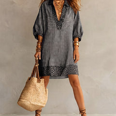 Women's Summer Dress | Midi Collar Puffed Sleeves Leopard Trim