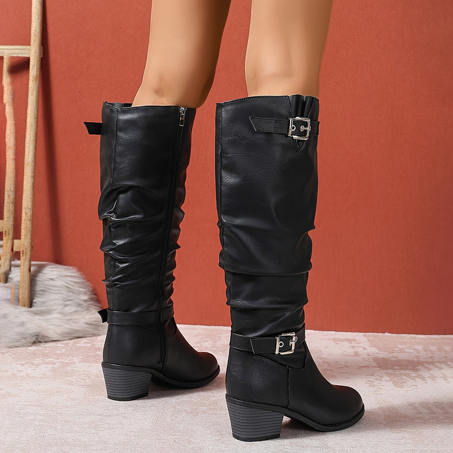 Women's Slouch Boots | Knee High Block Heel Buckle