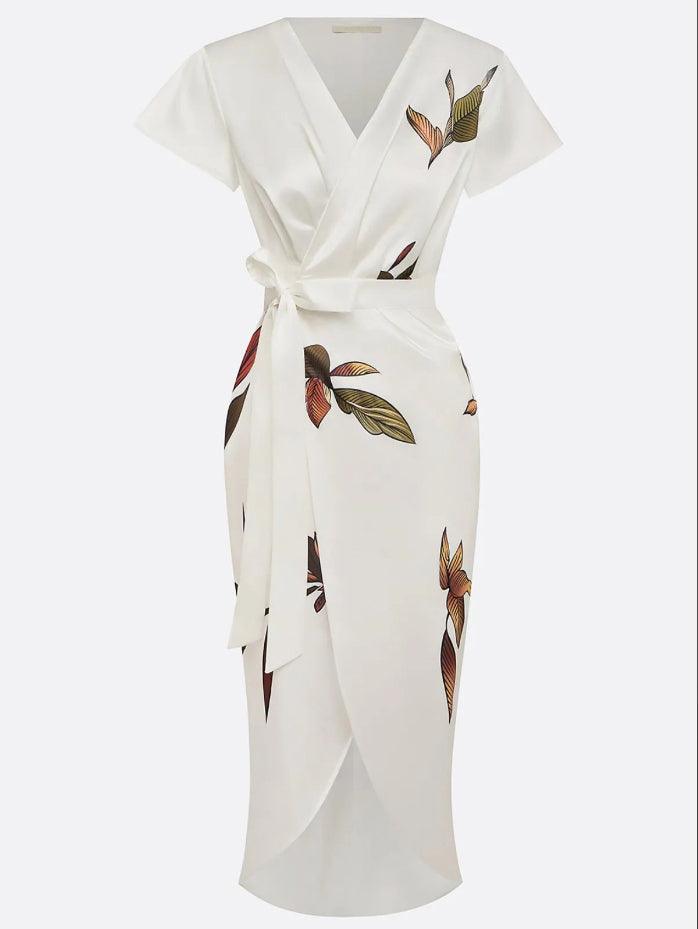 Women's Beach Dress | V Neckline Wrap Tie Botanical Print