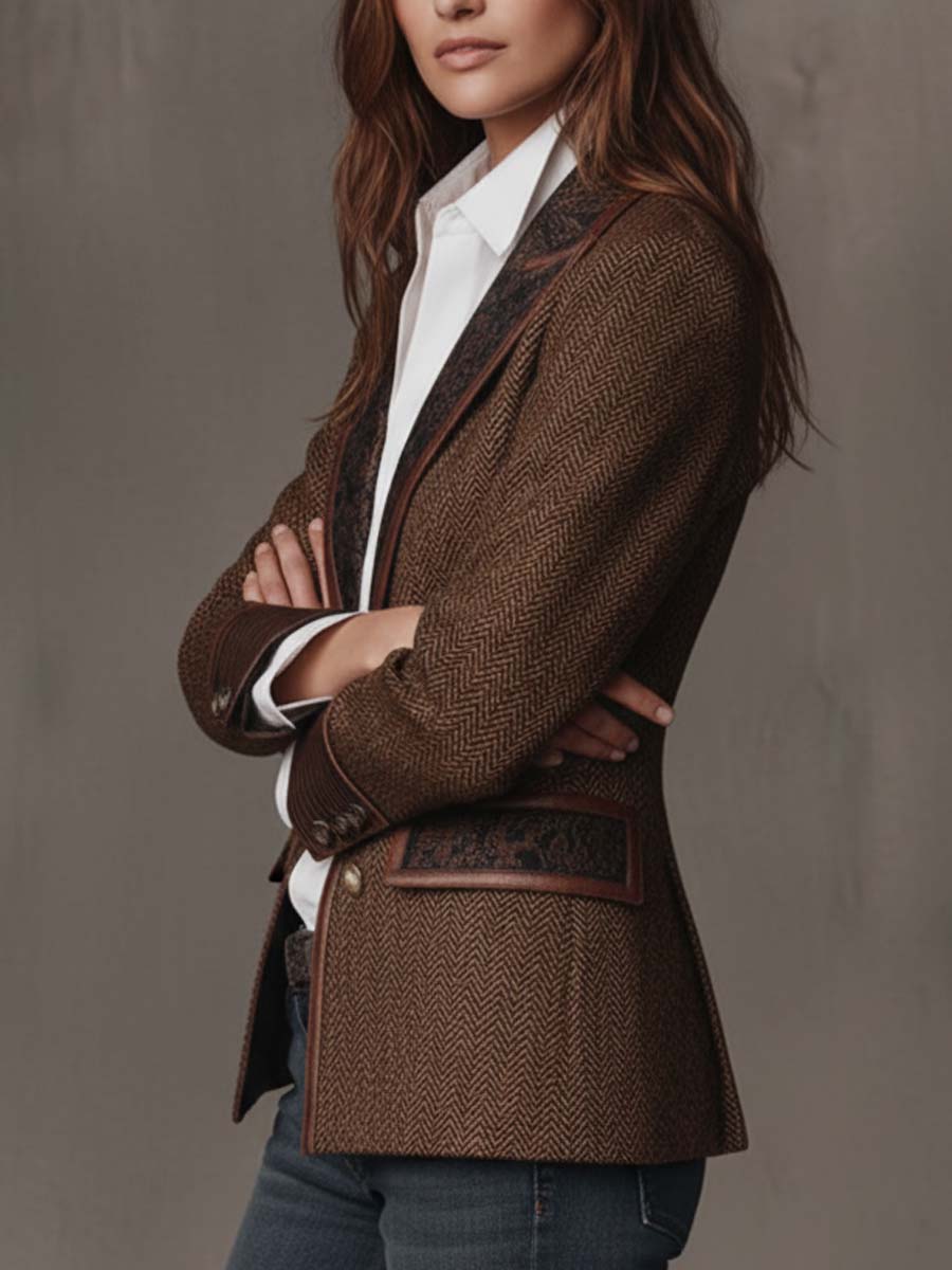 Women's Blazer | Tweed Herringbone Button Closure Tailored