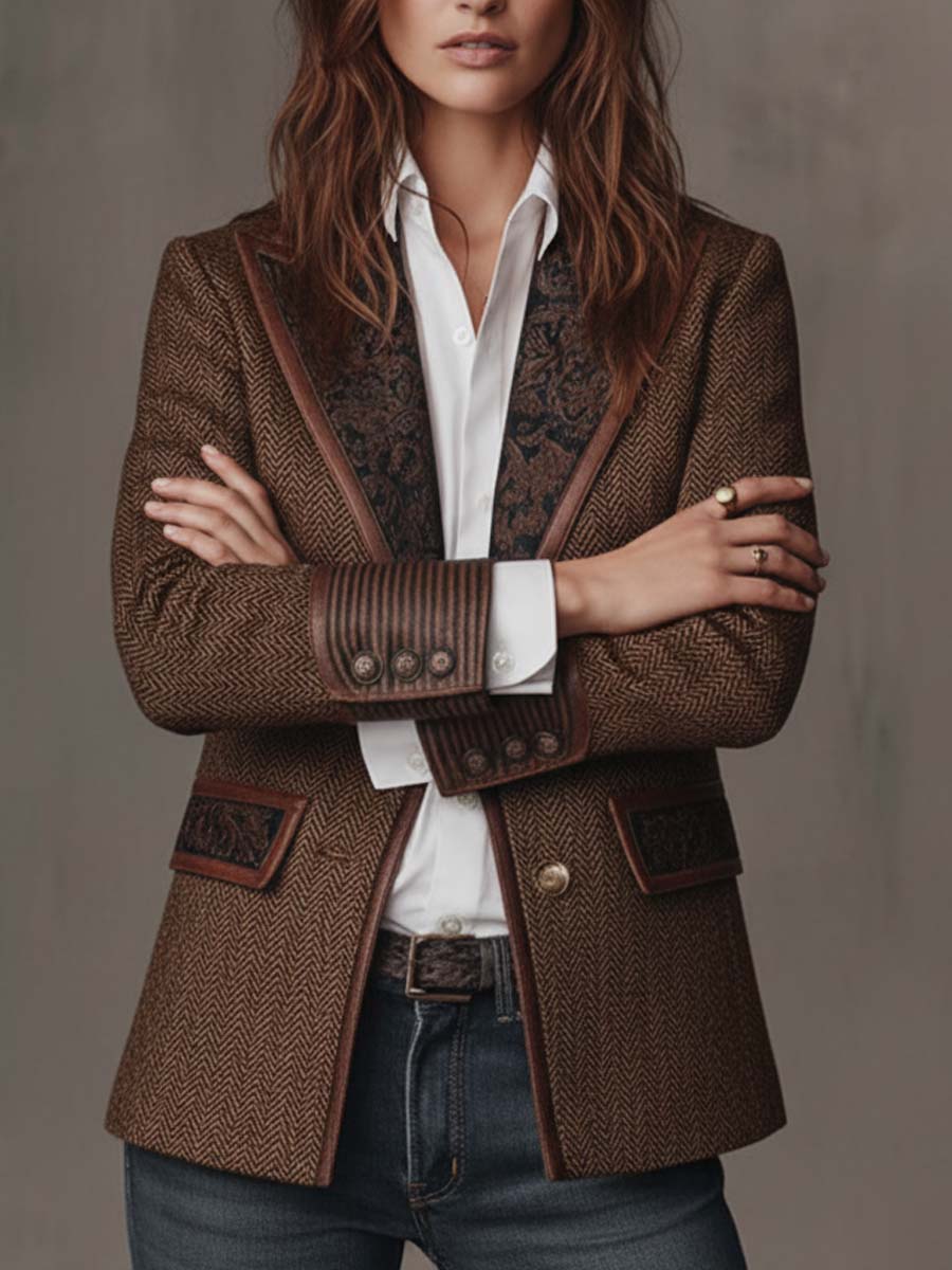 Women's Blazer | Tweed Herringbone Button Closure Tailored