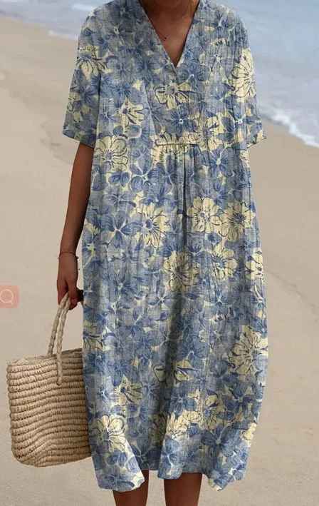 Women's Flowy Dress | V-Neck Short Sleeve Floral Midi
