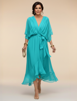 Women's Cocktail Dress | Midi V-Neck Chiffon Wrap