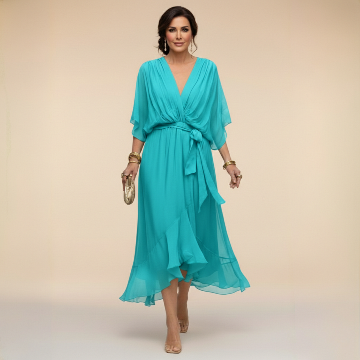 Women's Cocktail Dress | Midi V-Neck Chiffon Wrap