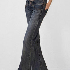 Comfortable Y2K low rise slim flare jeans for women, featuring a trendy retro style in classic blue denim.