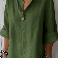 Women's Linen Top | V-Neck Button Closure Three-Quarter Sleeve