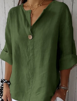 Women's Linen Top | V-Neck Button Closure Three-Quarter Sleeve