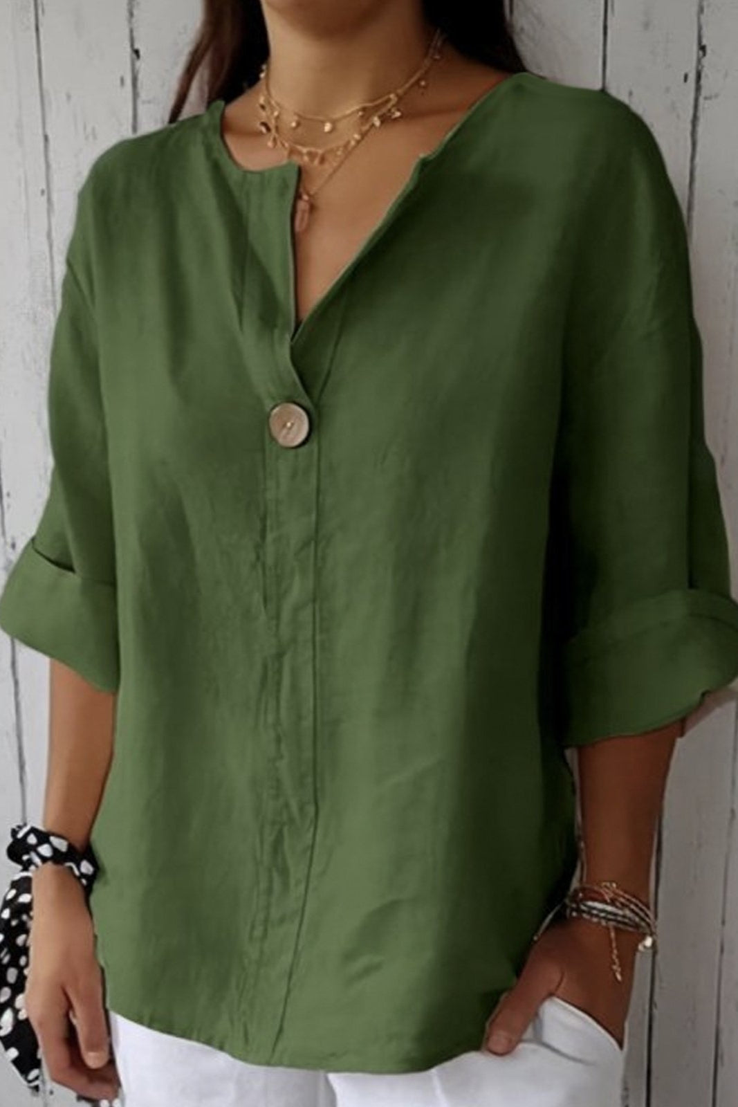 Women's White Top | V-Neck Button Relaxed Linen
