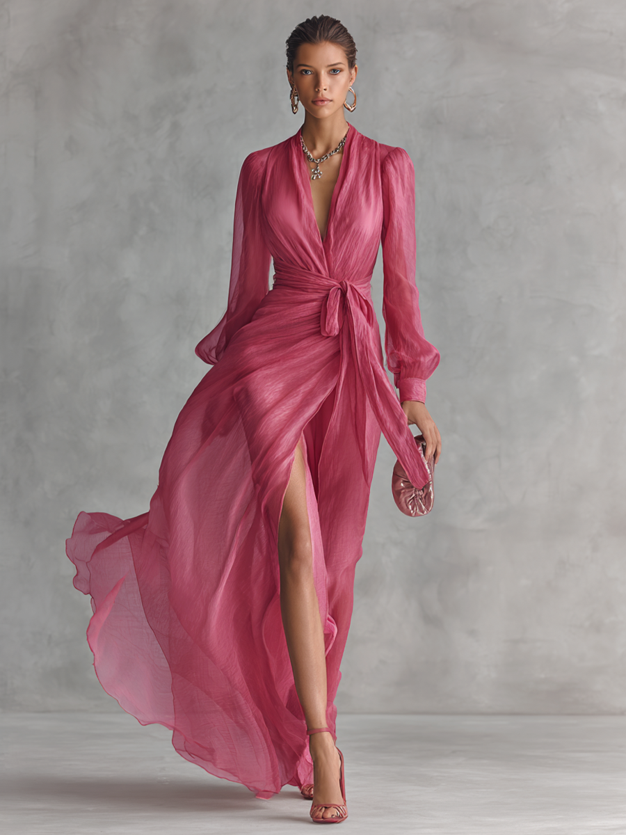 Women's Hens Day Dress | Maxi V-Neck Long Sleeve Tie-Waist Chiffon