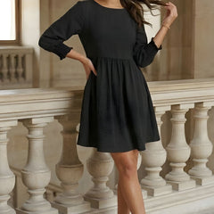 Women's Babydoll Dress | Midi Crew Neckline Smocked Cuff