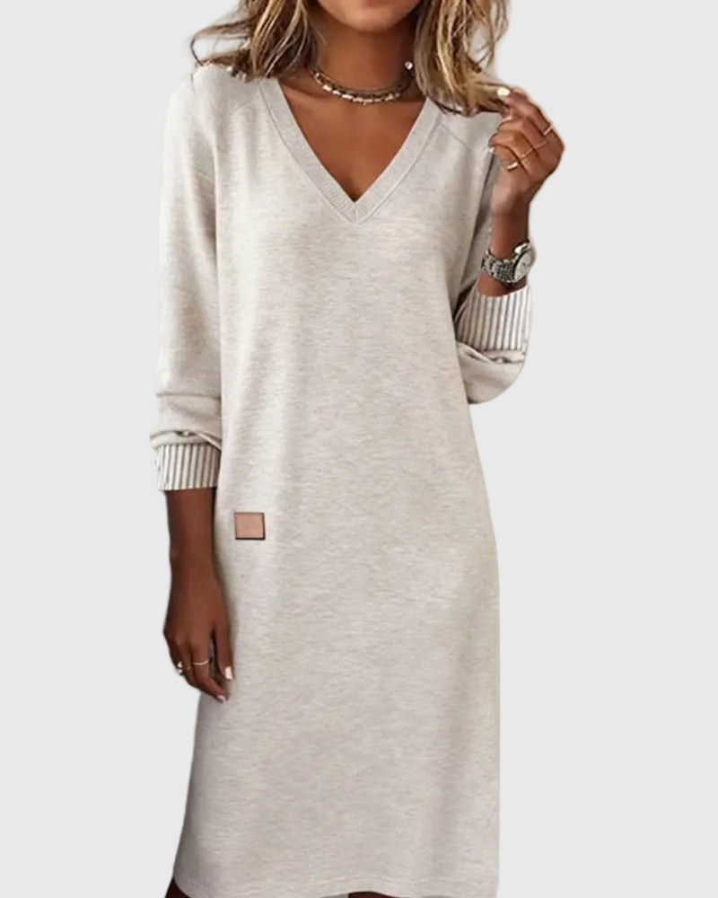 Women's Red Dress | V-Neck Long Sleeve Midi Knit