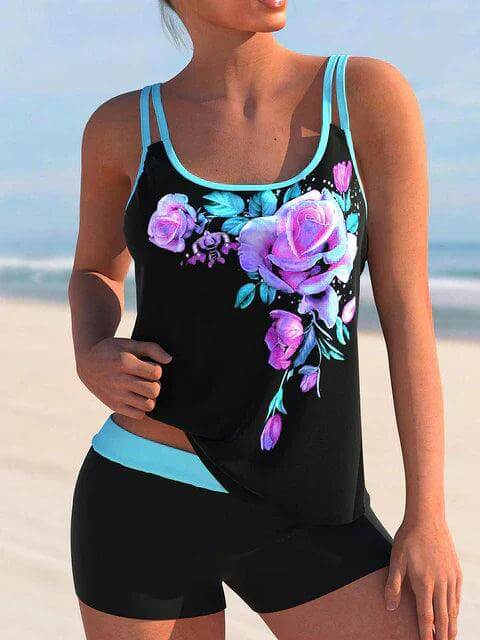 Women's Modest Swimsuit | Floral Print Scoop Neck Tank Top Shorts