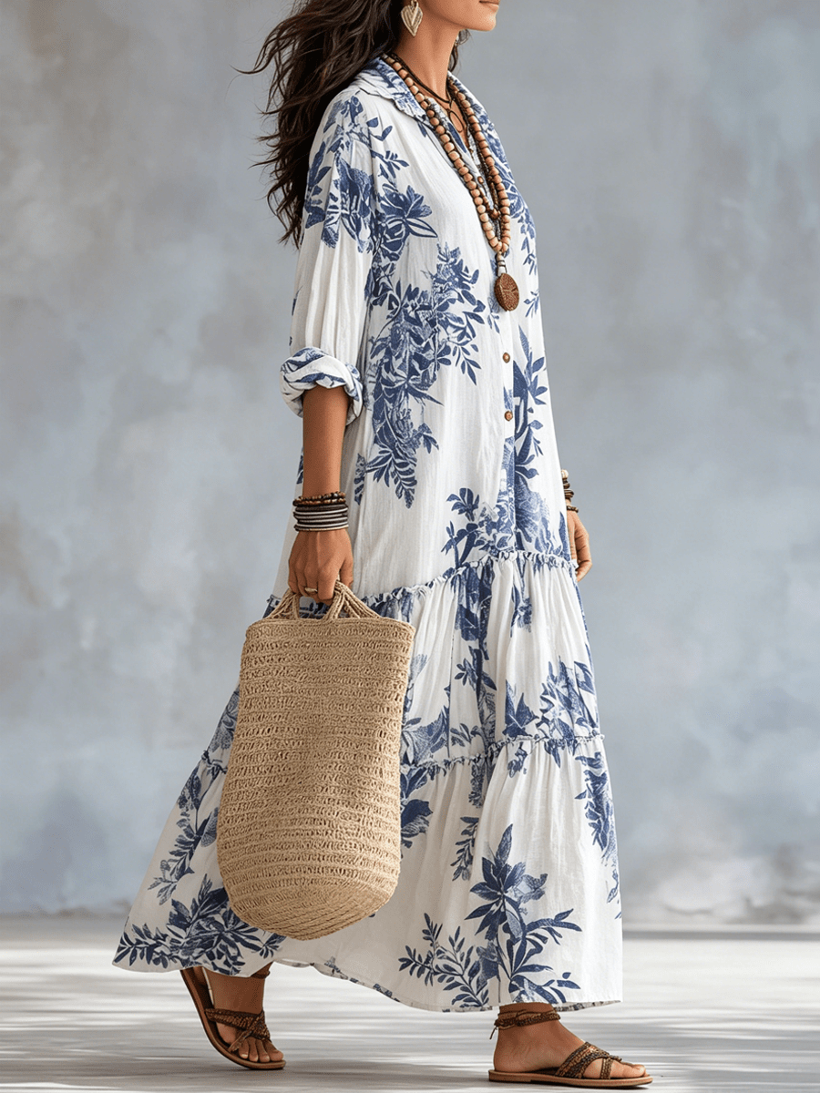 Women's Floral Maxi Dress | Button-Front Collar Maxi