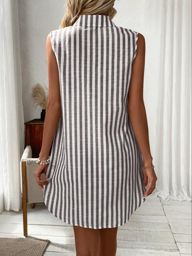 Women's Shirt Dress | V-Neck Sleeveless Mini Striped Button-Front