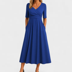 Women's Winter Wedding Guest Dress | Midi Wrap V-Neck Elbow Sleeve Pockets