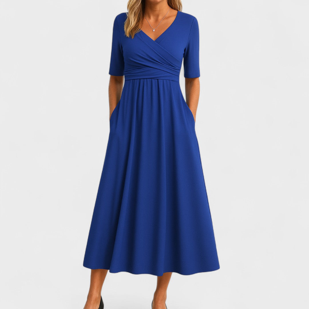 Women's Winter Wedding Guest Dress | Midi Wrap V-Neck Elbow Sleeve Pockets
