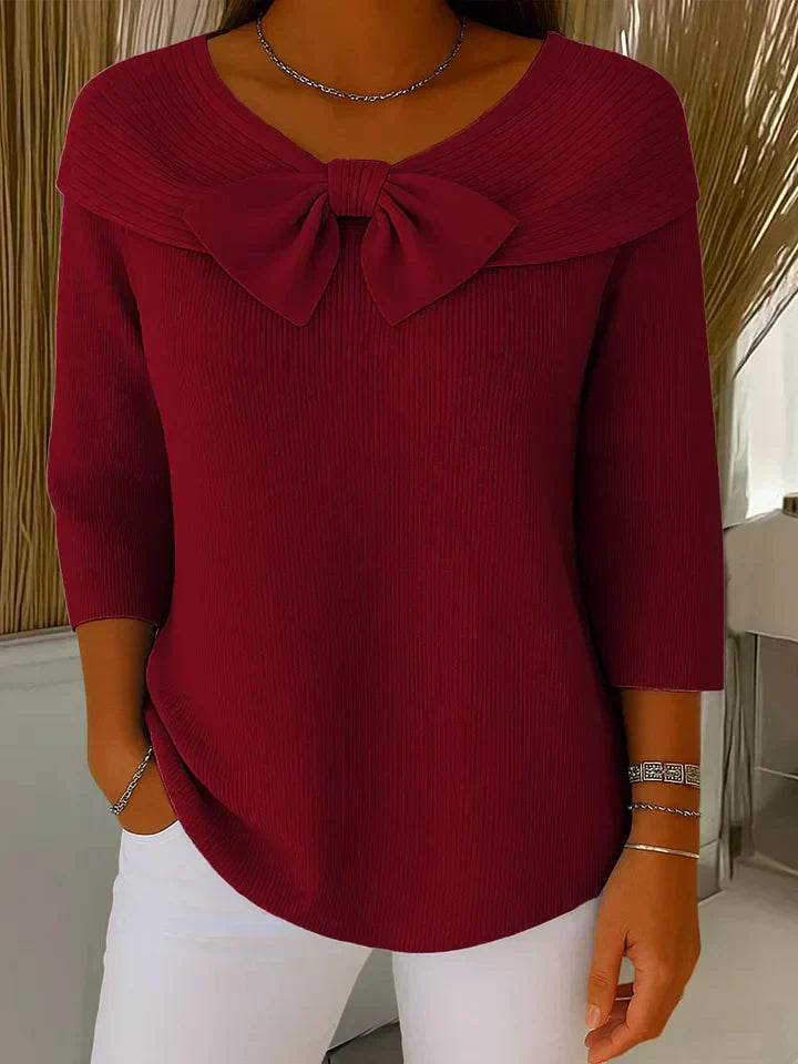Women's Bow Sweater | V-Neck Three-Quarter Sleeve Knit