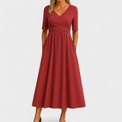 Women's Winter Wedding Guest Dress | Midi Wrap V-Neck Elbow Sleeve Pockets