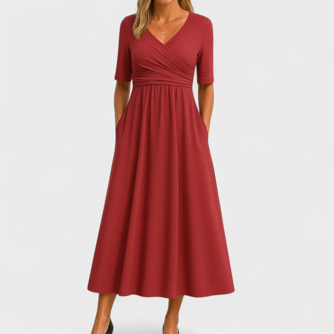 Women's Winter Wedding Guest Dress | Midi Wrap V-Neck Elbow Sleeve Pockets