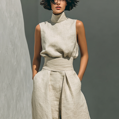 Women's Linen Pants | High Neck Sleeveless Turtleneck Pleated Wide Leg