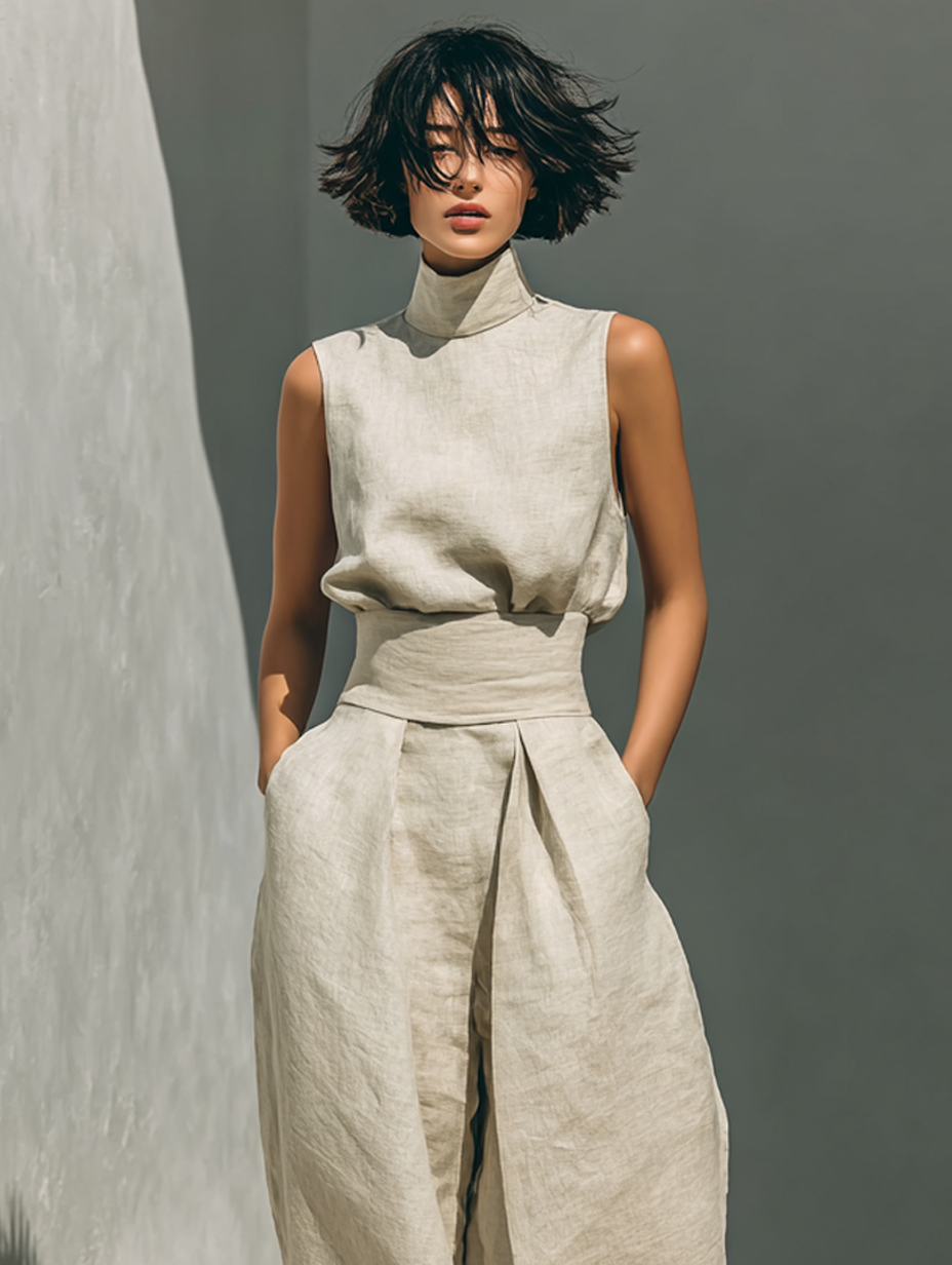 Women's Linen Pants | High Neck Sleeveless Turtleneck Pleated Wide Leg