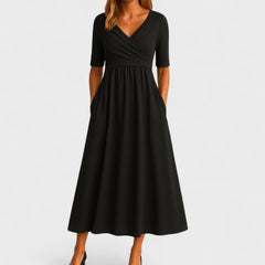 Women's Winter Wedding Guest Dress | Midi Wrap V-Neck Elbow Sleeve Pockets