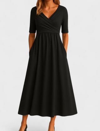 Women's Winter Wedding Guest Dress | Midi Wrap V-Neck Elbow Sleeve Pockets