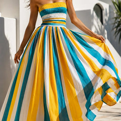 Women's Strapless Maxi Dress | Midi Length Striped Smocked Bodice