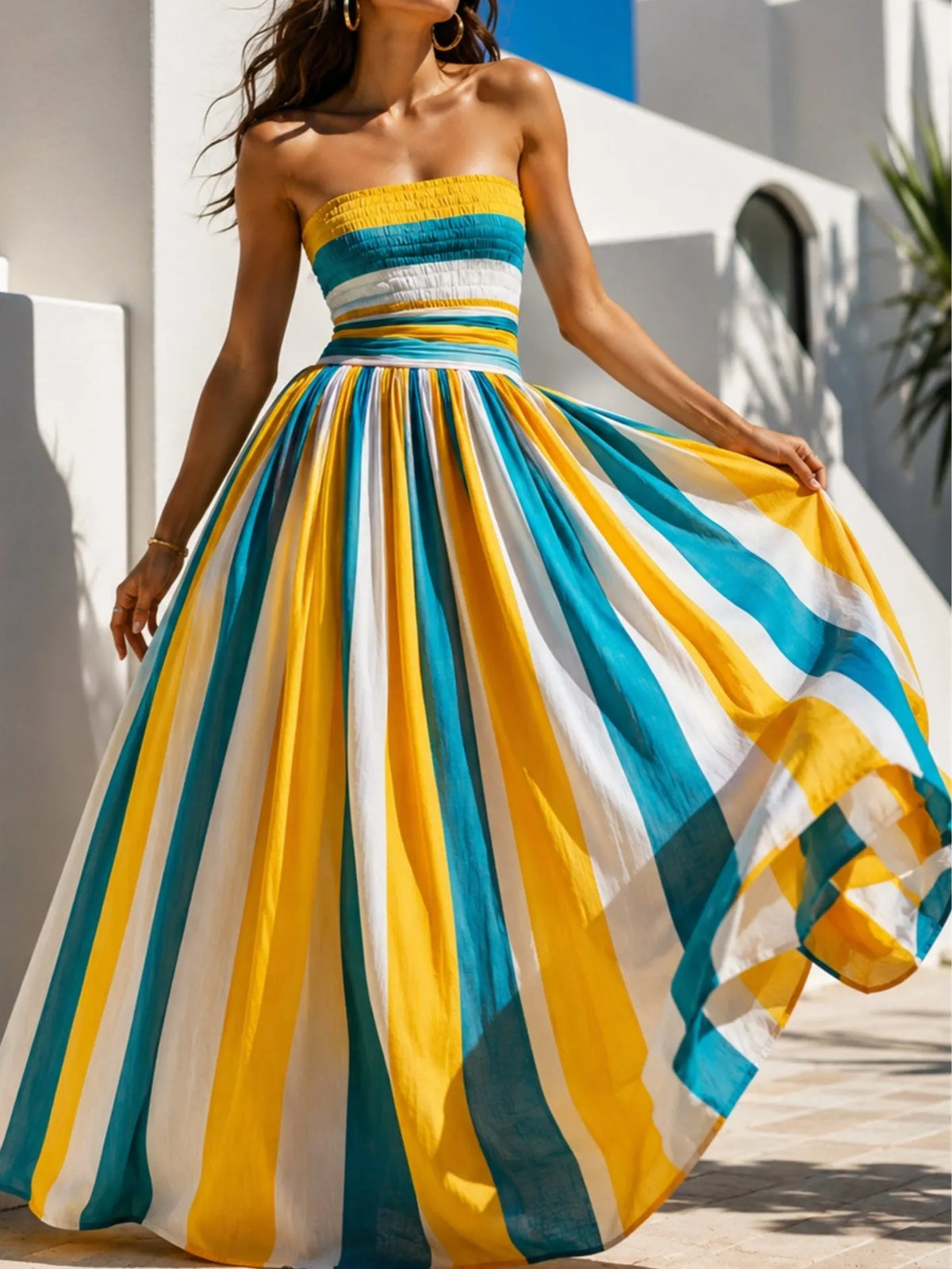 Women's Strapless Maxi Dress | Midi Length Striped Smocked Bodice