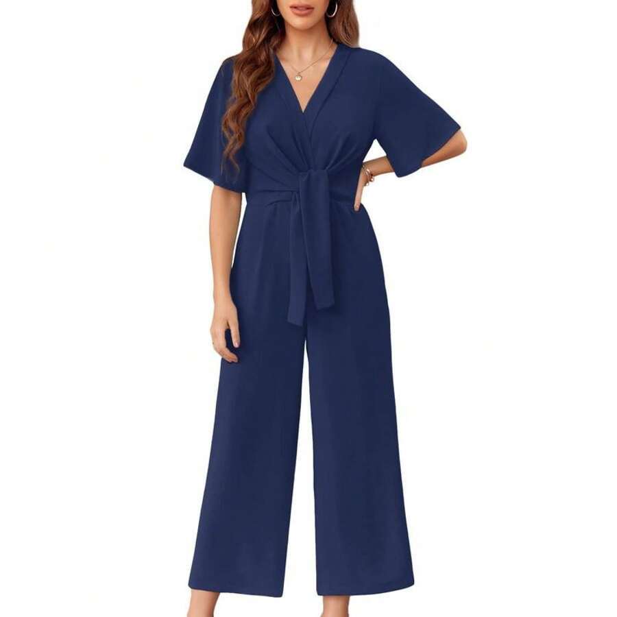 Women's Playsuit | V-Neck Wide-Leg Tie-Waist Short Sleeve