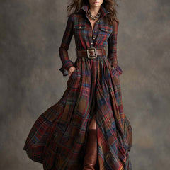 Women's Plaid Dress | Collared Long Sleeve Belted