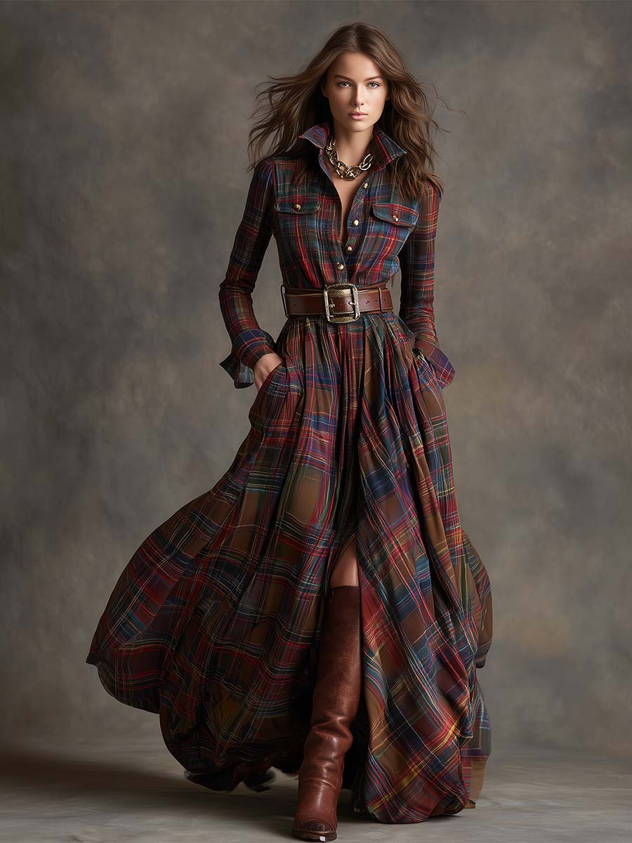 Women's Plaid Dress | Collared Long Sleeve Belted