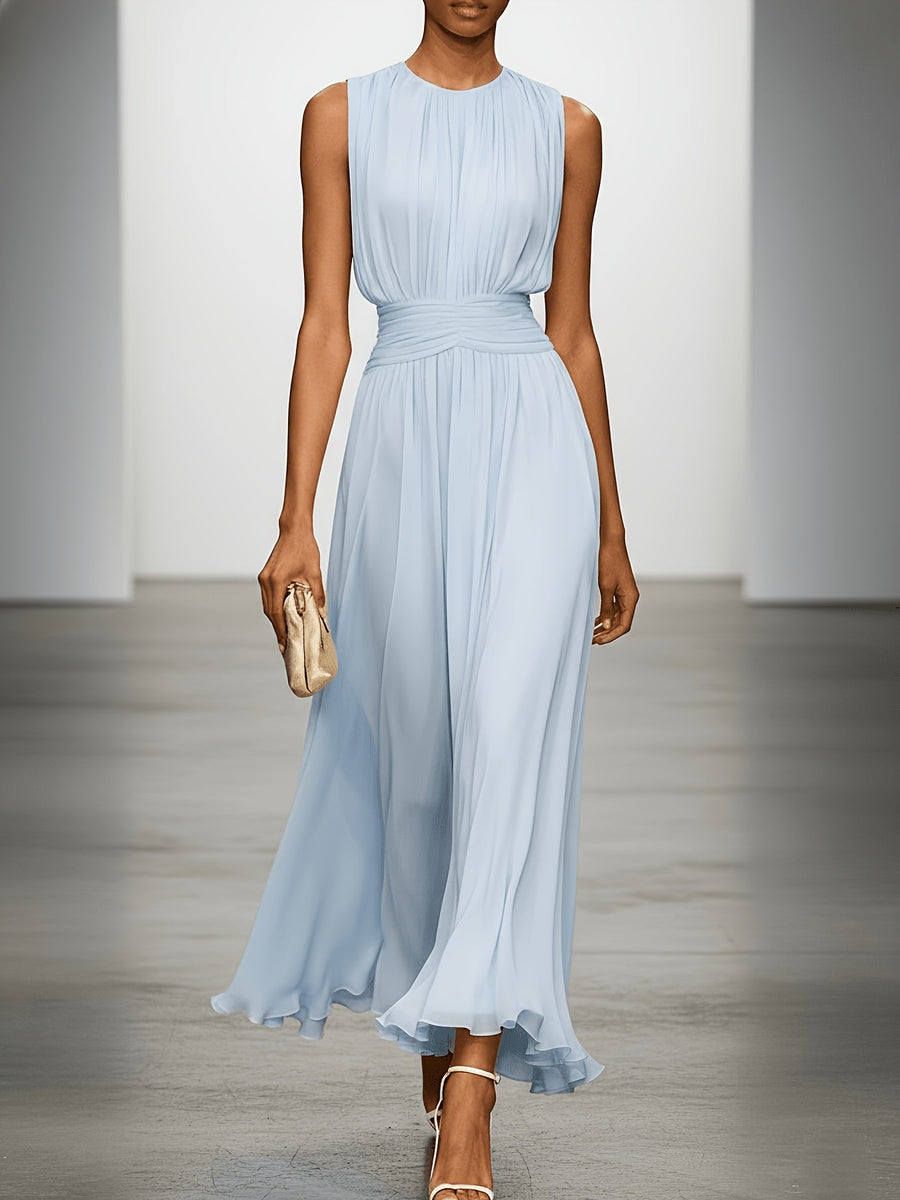 Women's Wedding Guest Dress | Maxi Pleated Sleeveless Ruched Waist