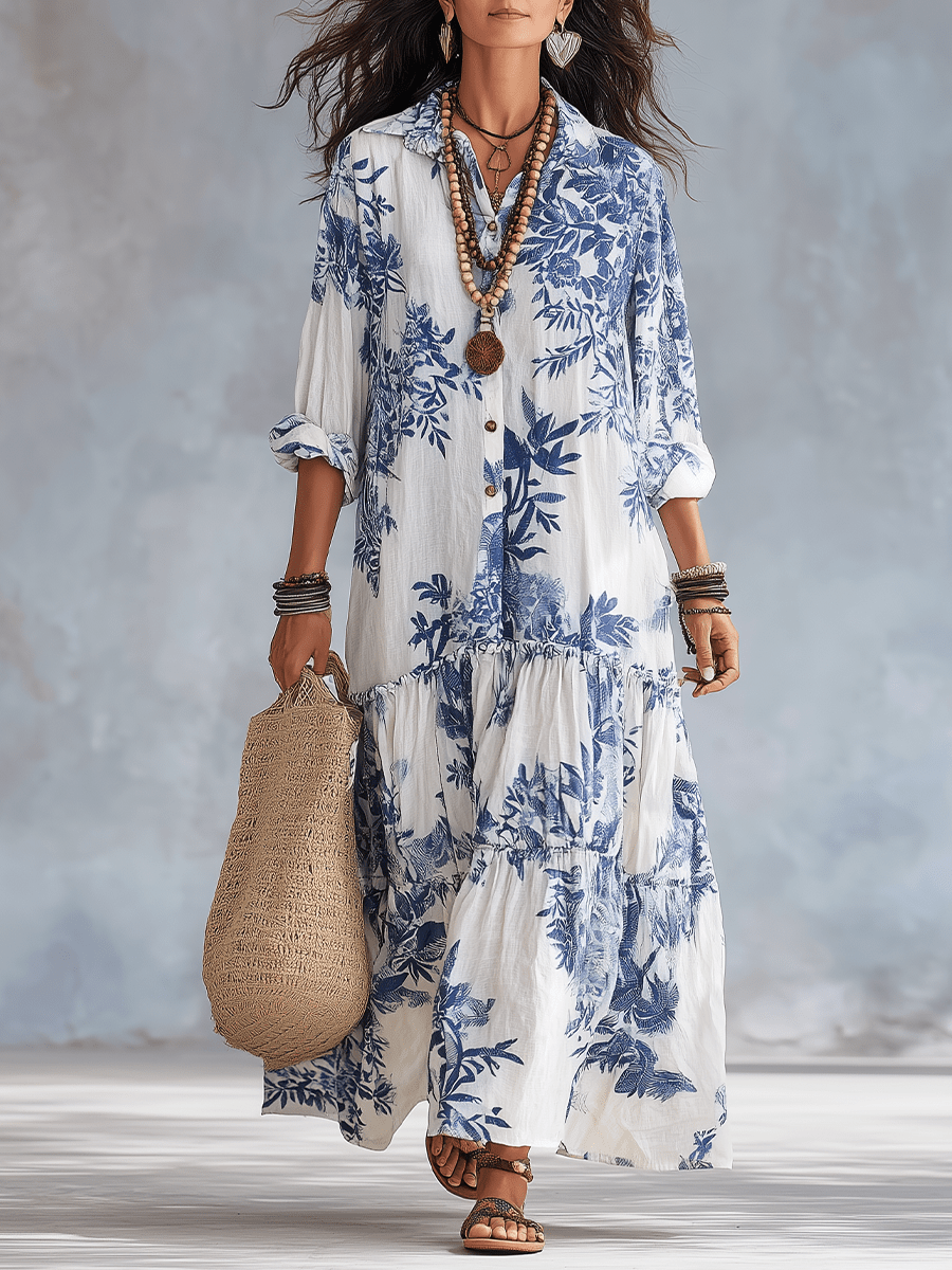 Women's Floral Maxi Dress | Button-Front Collar Maxi