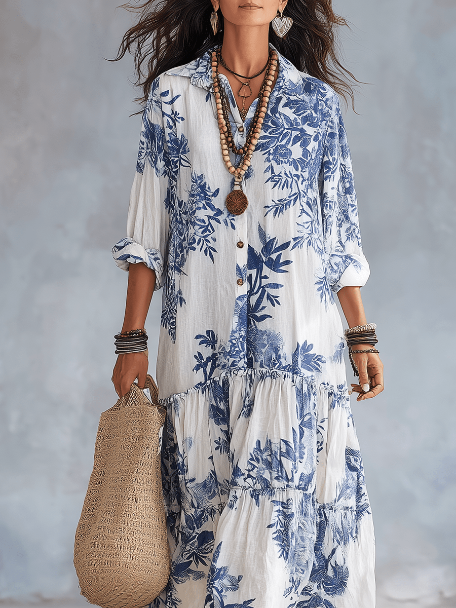 Women's Floral Maxi Dress | Button-Front Collar Maxi