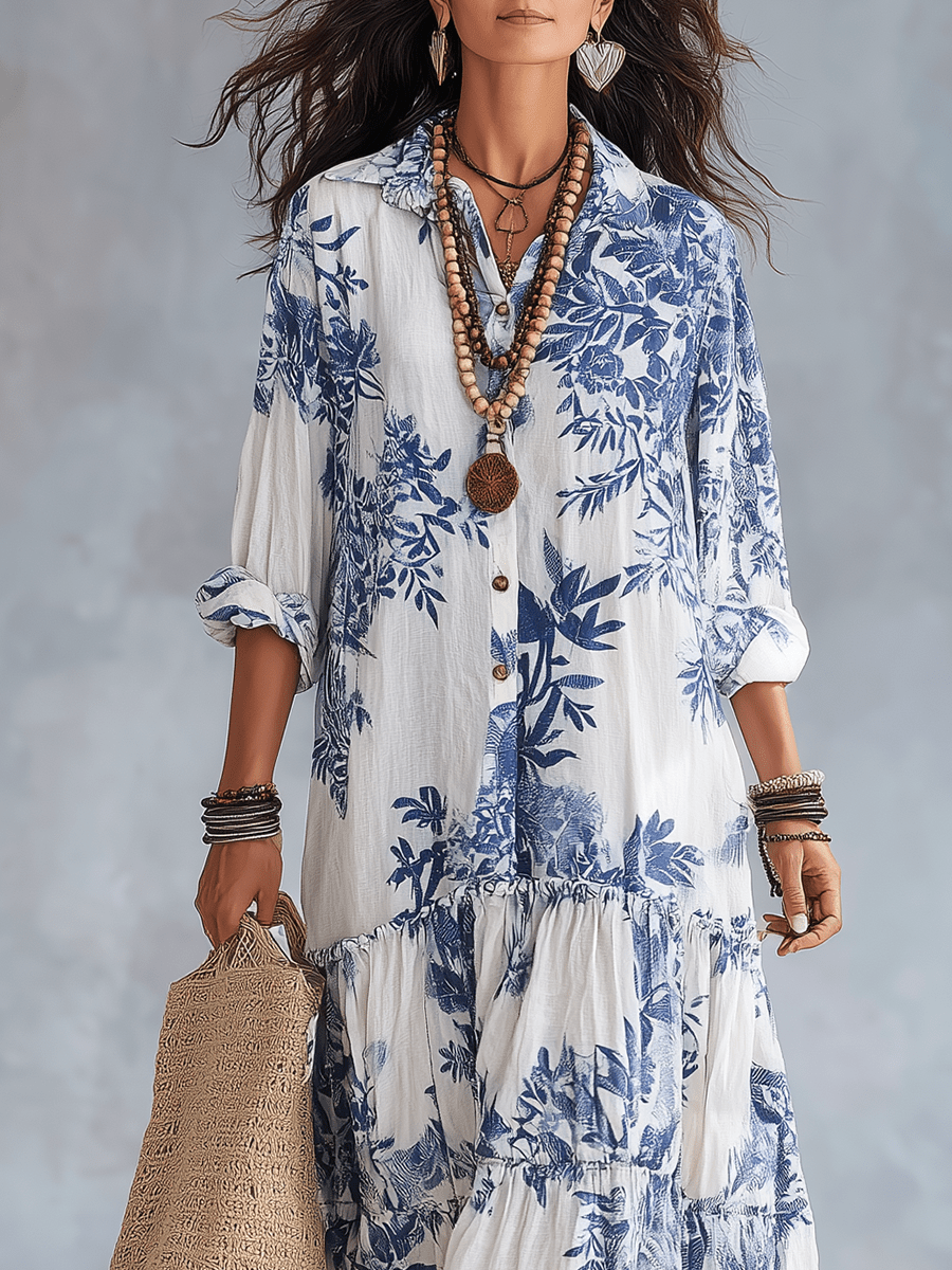Women's Floral Maxi Dress | Button-Front Collar Maxi
