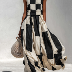 Women's Linen Maxi Dress | Maxi Sleeveless Crew Neck Checkered