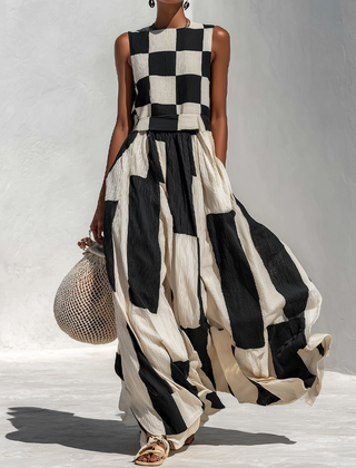 Women's Linen Maxi Dress | Maxi Sleeveless Crew Neck Checkered