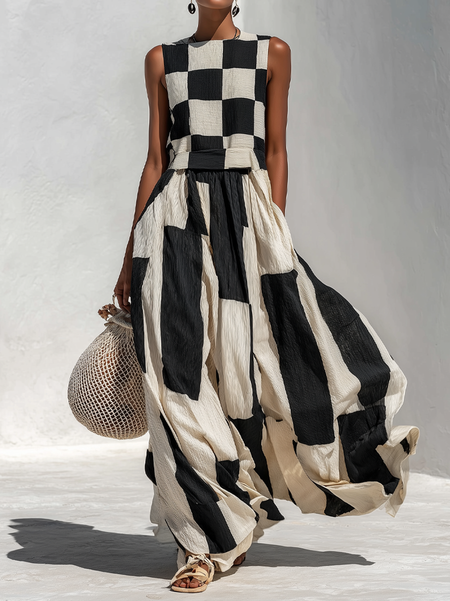 Women's Linen Maxi Dress | Maxi Sleeveless Crew Neck Checkered