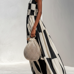 Women's Linen Maxi Dress | Maxi Sleeveless Crew Neck Checkered