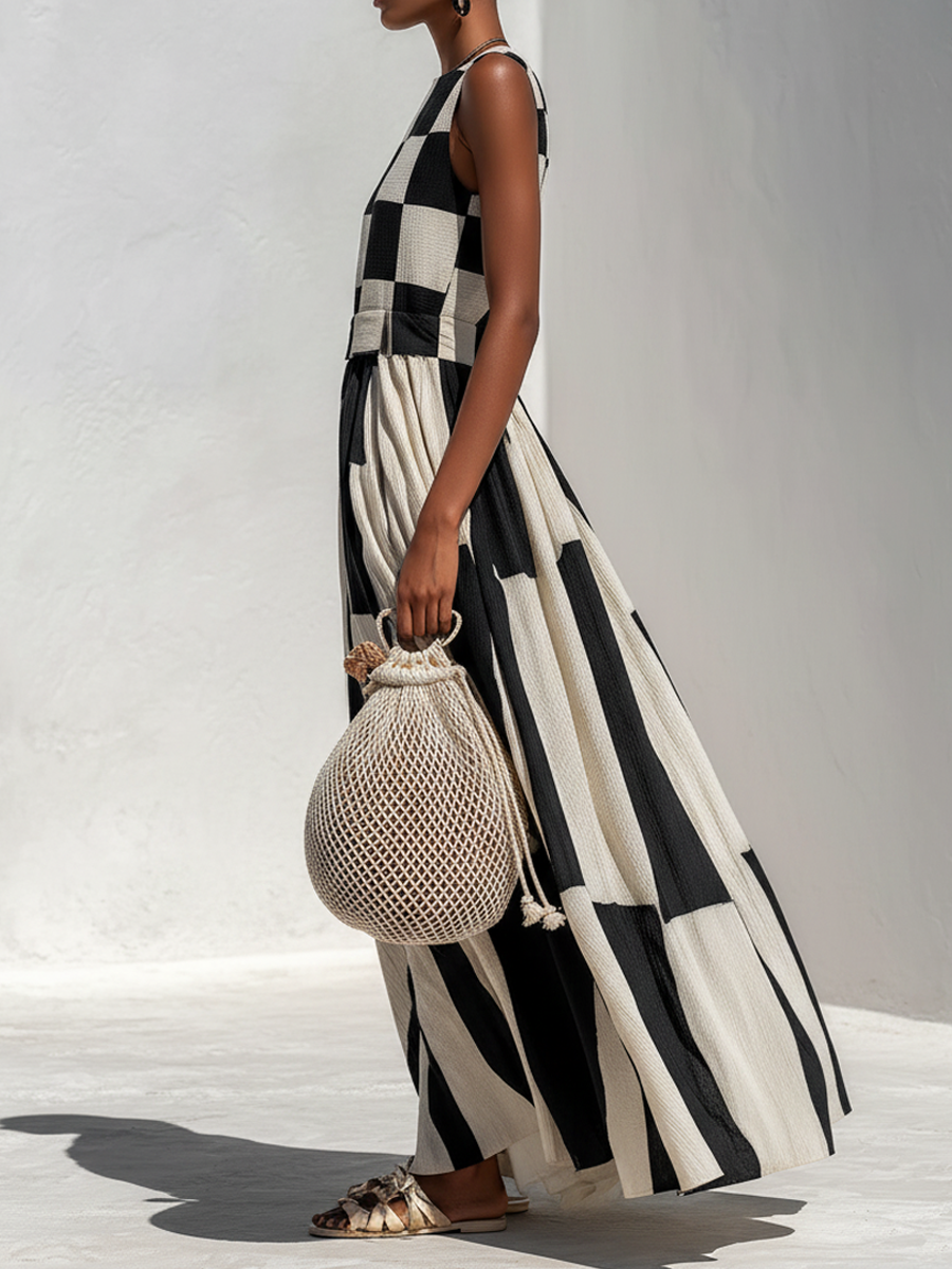 Women's Linen Maxi Dress | Maxi Sleeveless Crew Neck Checkered