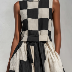 Women's Linen Maxi Dress | Maxi Sleeveless Crew Neck Checkered