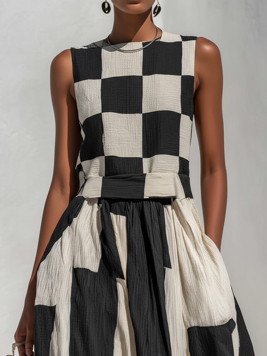 Women's Linen Maxi Dress | Maxi Sleeveless Crew Neck Checkered