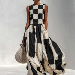 Women's Linen Maxi Dress | Maxi Sleeveless Crew Neck Checkered