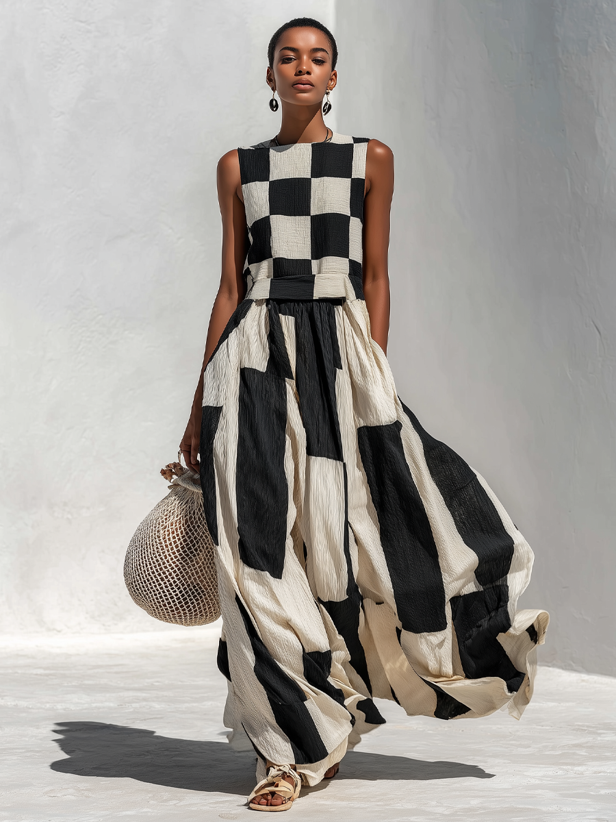 Women's Linen Maxi Dress | Maxi Sleeveless Crew Neck Checkered