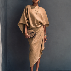 Women's Linen Midi Dress | Midi Asymmetric Draped Round Neck