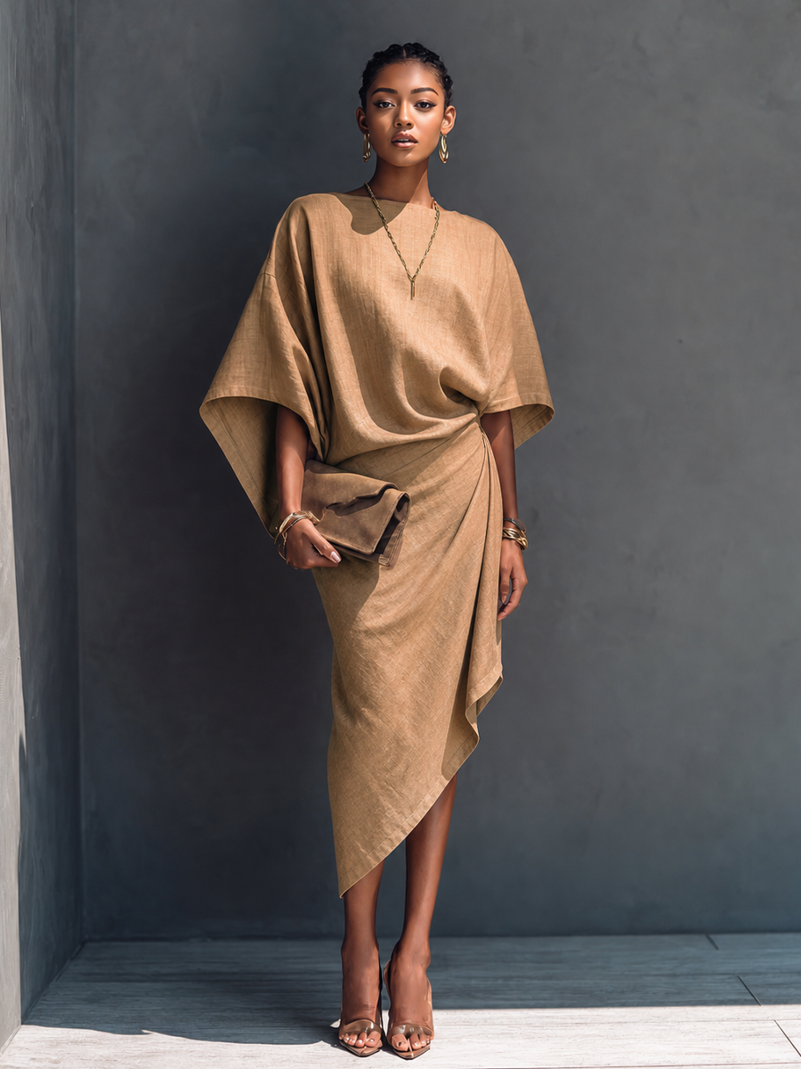 Women's Linen Midi Dress | Midi Asymmetric Draped Round Neck
